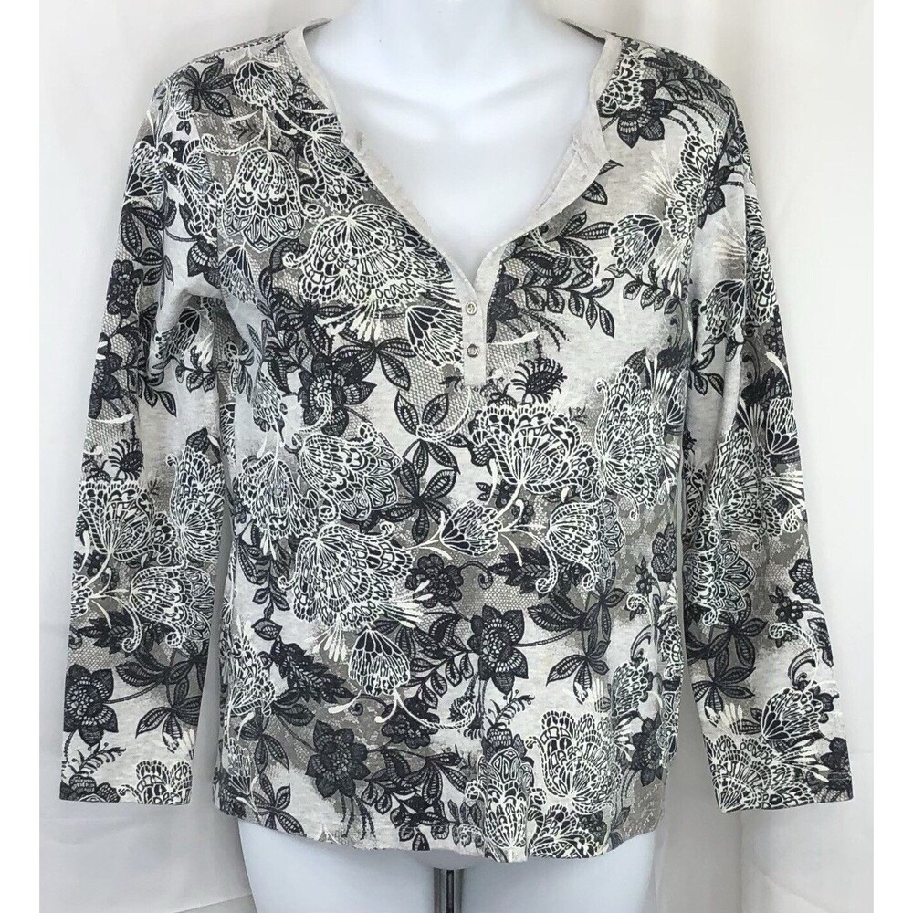 Karen Scott jersey Top MP gray floral Longsleeue Cotton Cottage Bohemian